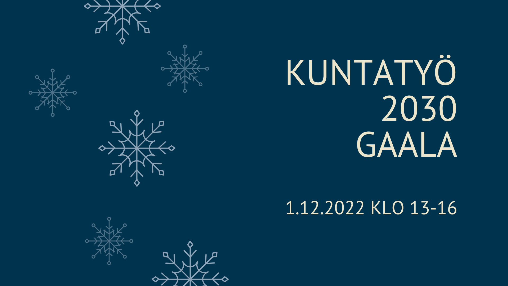 Kuvassa tumma tausta ja lumihiutaleita ja teksti Kuntatyö2030-gaala 