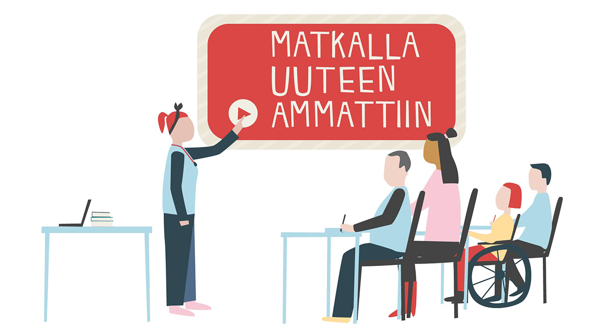 Ihmisiä oppimassa ja kuvassa teksti: Matkalla uuteen ammattiin