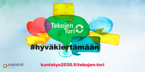 Kuvassa Tekojen tori logo puhekuplin ja teksti hyvä kiertämään 